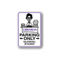 Librarian parking only sticker with cartoon librarian and bold PARKING ONLY text