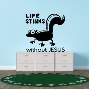 Skunk wall decal, black with blue outline, text 'LIFE STINKS without JESUS'