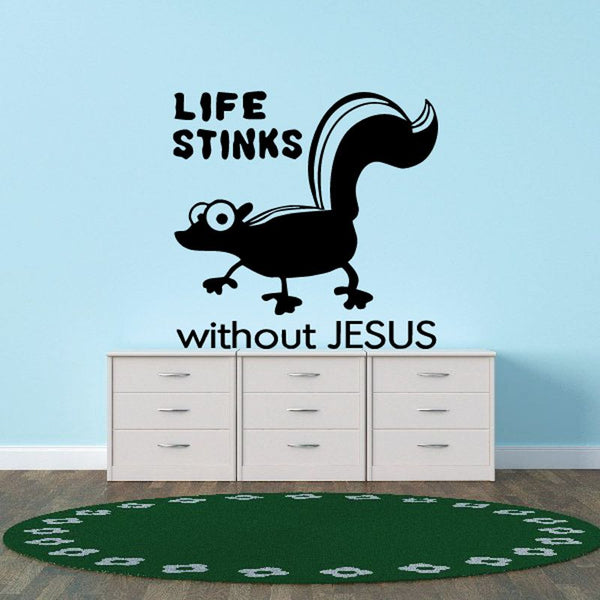 Skunk wall decal, black with blue outline, text 'LIFE STINKS without JESUS'