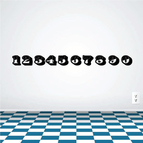 Racing number decal set with black digits and white outline, 0–9