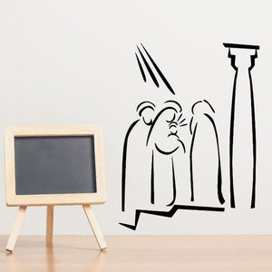 Black line art wall decal of baby Jesus with light rays and chalkboard sign