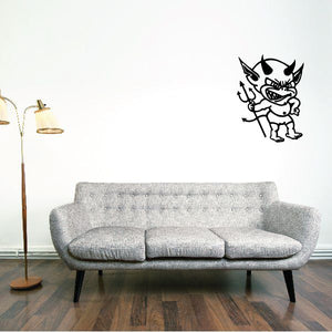 Black cartoon devil decal with horns and a pitchfork