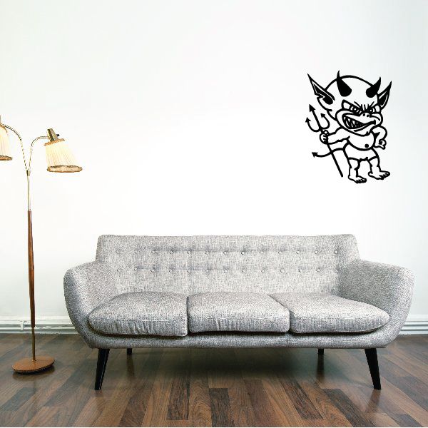 Black cartoon devil decal with horns and a pitchfork