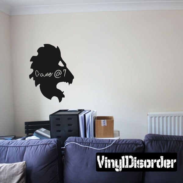 Lion chalkboard decal with dark lion head silhouette and chalk-style writing