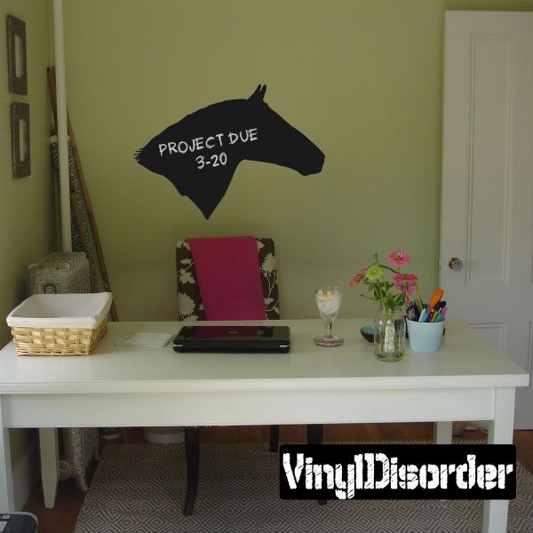 Chalkboard horse head wall decal, black silhouette with PROJECT DUE 3-20
