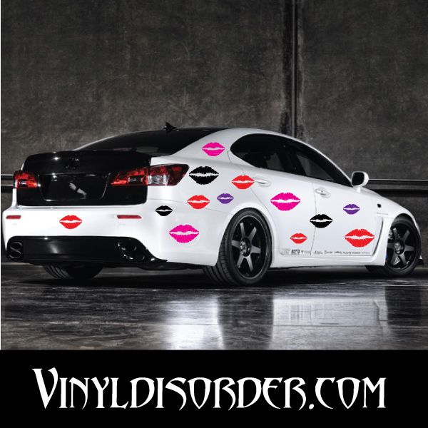 Lips wall decal kit: red, pink, purple lips stickers on a car.