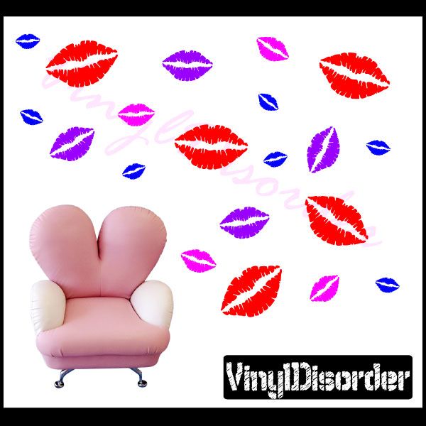 Lips wall decal kit with assorted red, purple, and blue kiss shapes