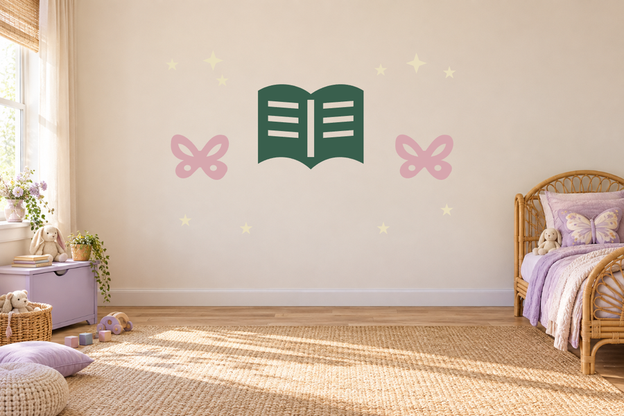 Garden wall decal kit with open book, pink butterflies, and yellow sparkles