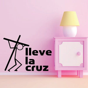 Black cross and Spanish lettering wall decal with stylized line accents