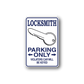 Locksmith parking-only sticker with key icon and bold text, blue and white