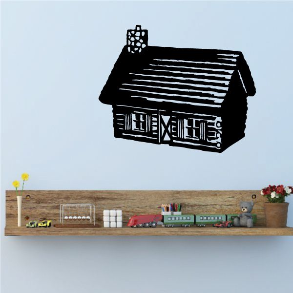 Black log cabin wall decal with white window and roof details