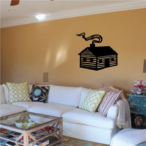 Log cabin with chimney smoke wall decal in black