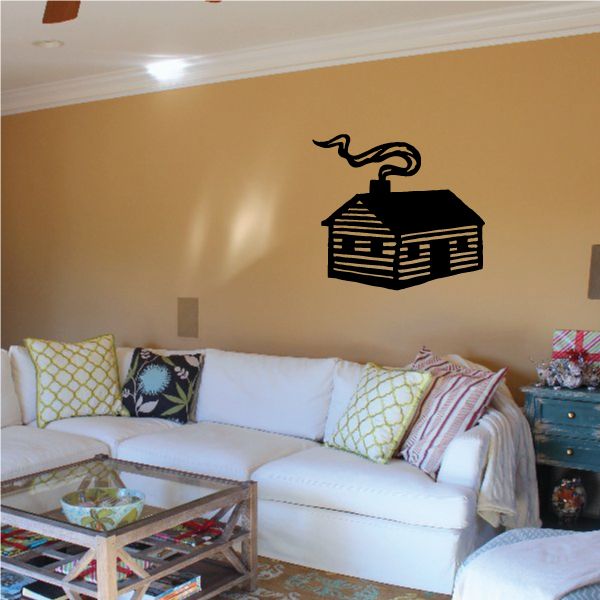 Log cabin with chimney smoke wall decal in black