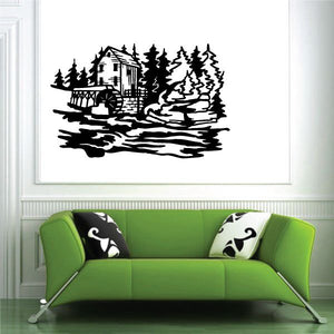 Log cabin landscape wall decal with water wheel, trees, and river scene