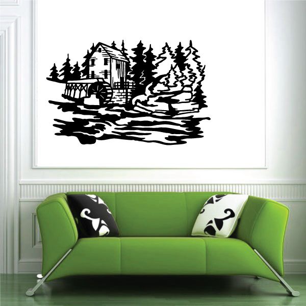 Image of Log Cabin with water wheel Decal