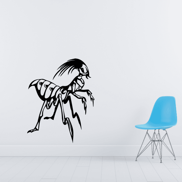 Praying mantis wall decal with long hair, black outline, insect silhouette