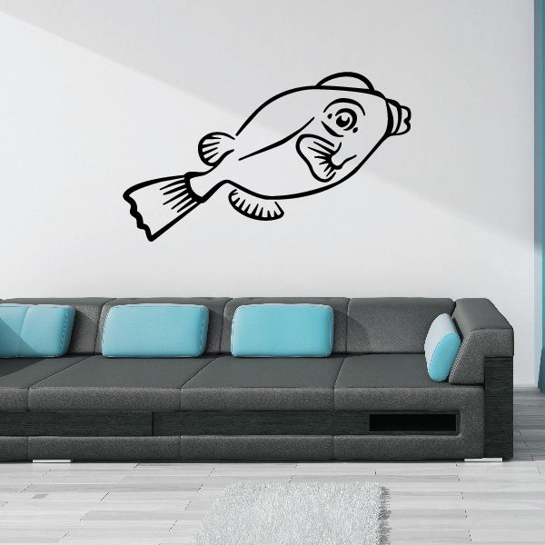 Puffer fish wall decal in black line art, facing left