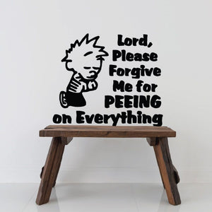 Black quote wall decal with cartoon boy and text: “Lord, Please Forgive Me”