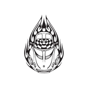 Flame-shaped race car decal with checkered helmet center and stylized flames