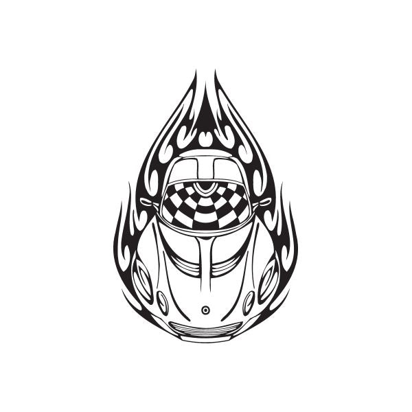 Flame-shaped race car decal with checkered helmet center and stylized flames