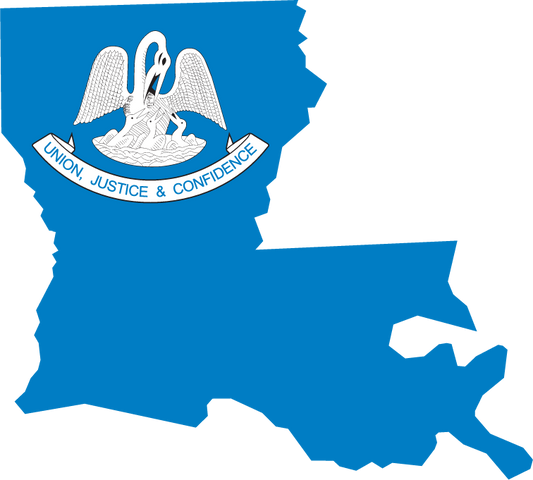 Louisiana state outline sticker with flag emblem, white and blue design