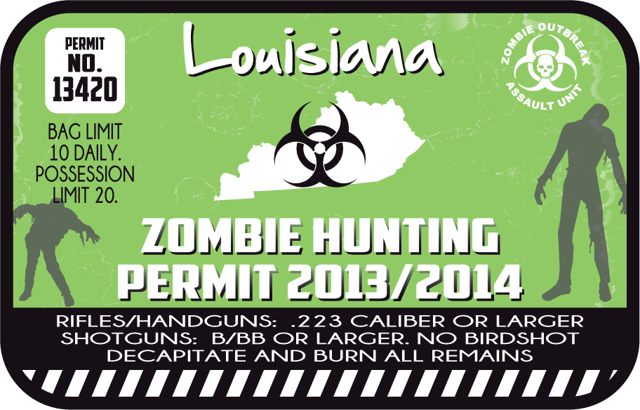 Green Louisiana zombie hunting permit sticker with permit number 13420 and 2013/2014 text