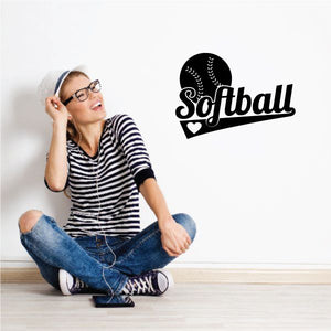 Softball wall decal in black: Softball script with heart and ball icon
