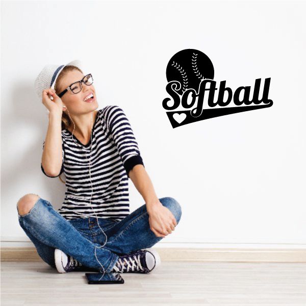 Softball wall decal in black: Softball script with heart and ball icon