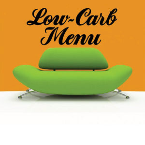 Vinyl wall decal reading “Low-Carb Menu” in dark script lettering