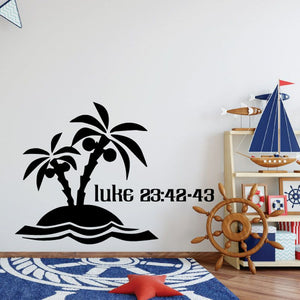 Black island decal with two palm trees, waves, and luke 23:42-43 text
