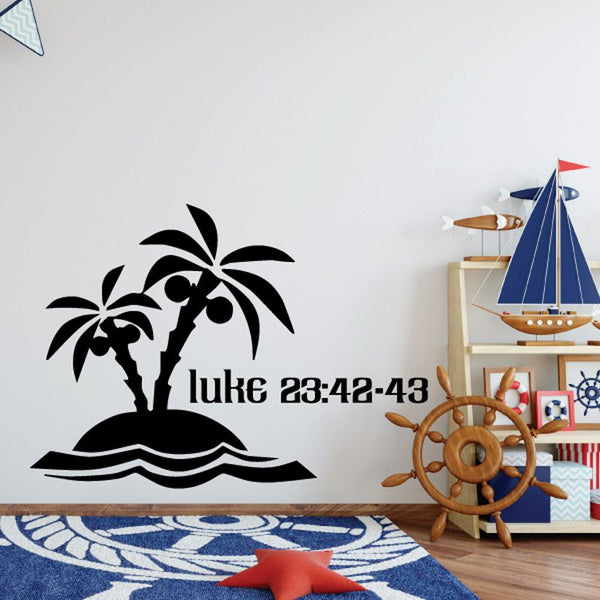 Black island decal with two palm trees, waves, and luke 23:42-43 text
