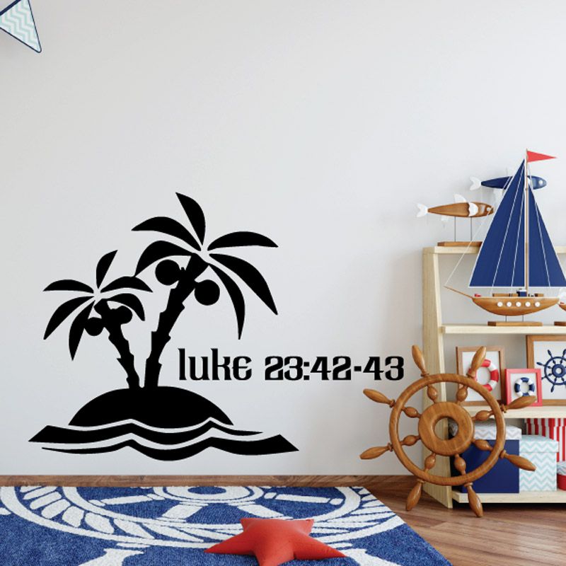 Black island decal with two palm trees, waves, and luke 23:42-43 text