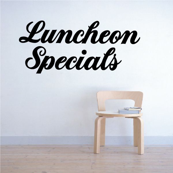 Luncheon Specials wall decal, black cursive lettering on white wall