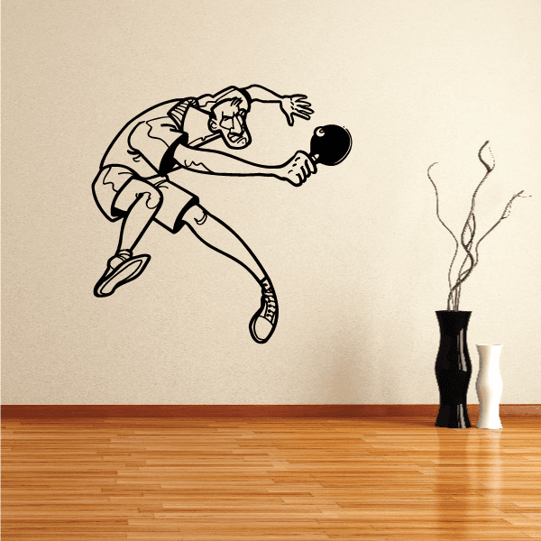 Table tennis player decal, black line art lunging with paddle