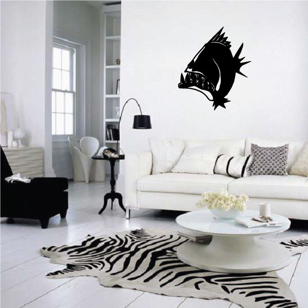Black piranha wall decal with spiky fins and open mouth