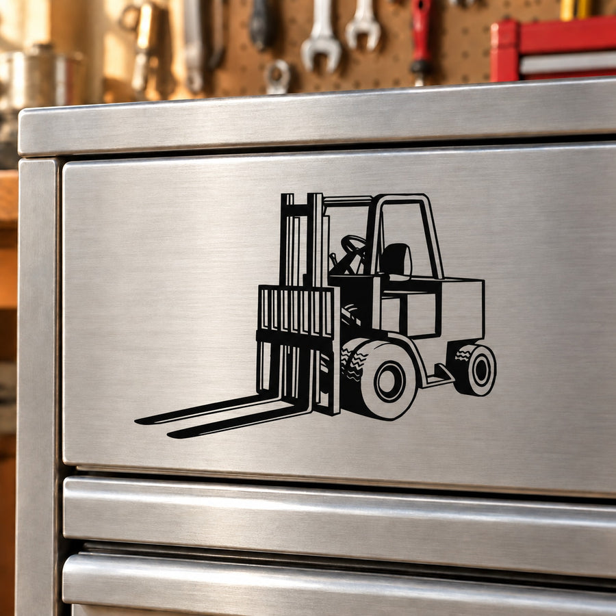 Forklift Decal — illustrative vinyl decal application mockup. Surrounding objects are not included.