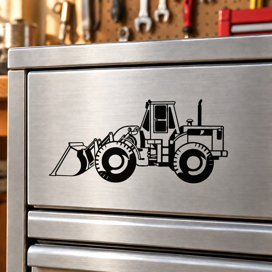 Front Loader Decal — illustrative vinyl decal application mockup. Surrounding objects are not included.