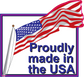 Proudly made in the USA sticker with waving American flag and text