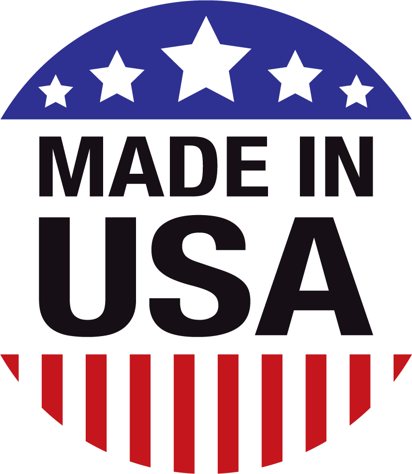 Round sticker with blue star banner and bold text “MADE IN USA” in red and black