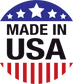 Round sticker with blue star banner and bold text “MADE IN USA” in red and black