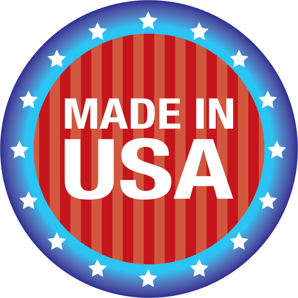 Made in the USA sticker, red striped circle with white text and blue star border