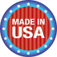 Made in the USA sticker, red striped circle with white text and blue star border