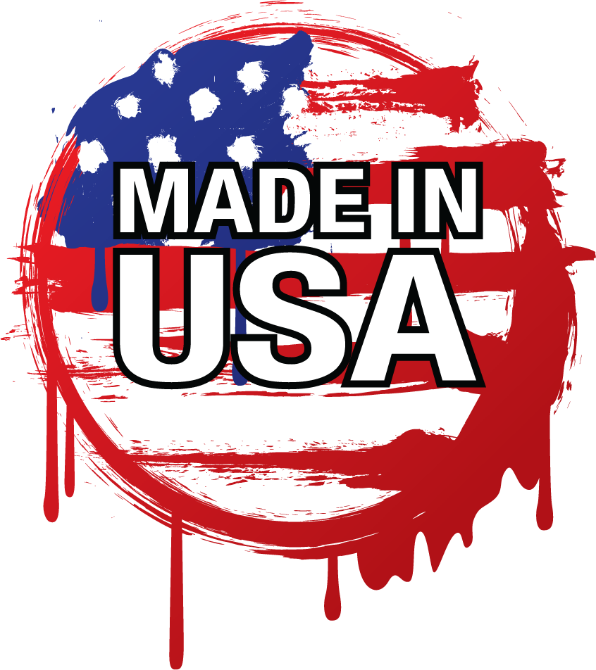 Circular grunge sticker with red/blue splatter and bold “MADE IN USA” text