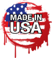 Circular grunge sticker with red/blue splatter and bold “MADE IN USA” text