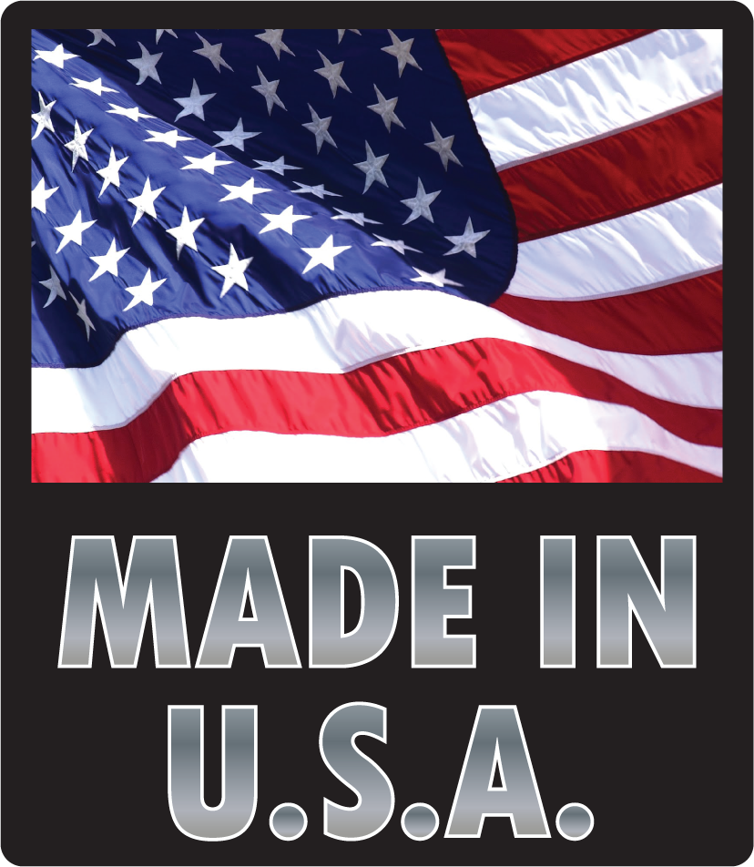 Realistic US flag sticker with wavy stars and stripes and "MADE IN U.S.A." text