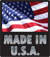 Realistic US flag sticker with wavy stars and stripes and "MADE IN U.S.A." text