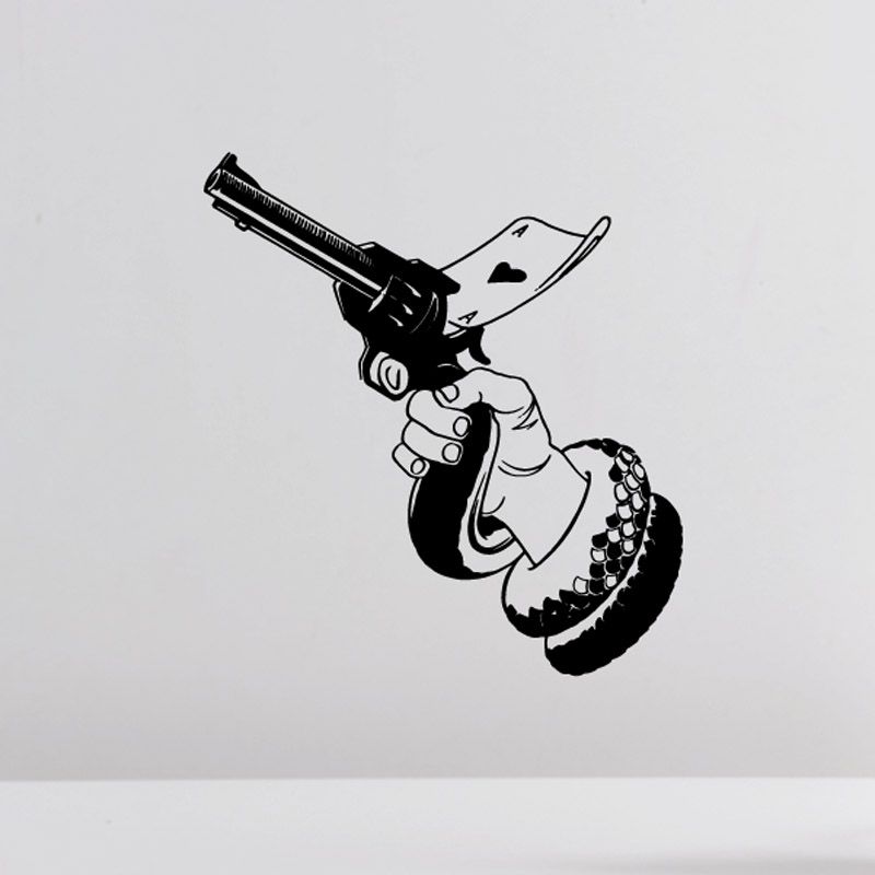 Magician gun decal: black outlined pistol with hand and top hat