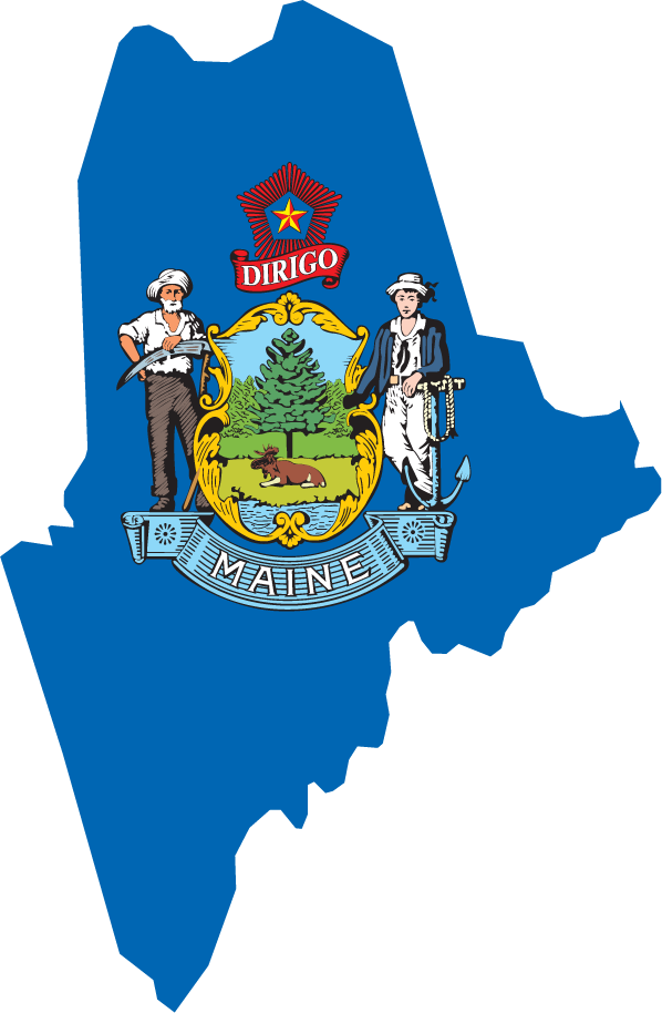 Maine state flag sticker in state-map shape with coat of arms and red banner