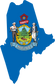 Maine state flag sticker in state-map shape with coat of arms and red banner
