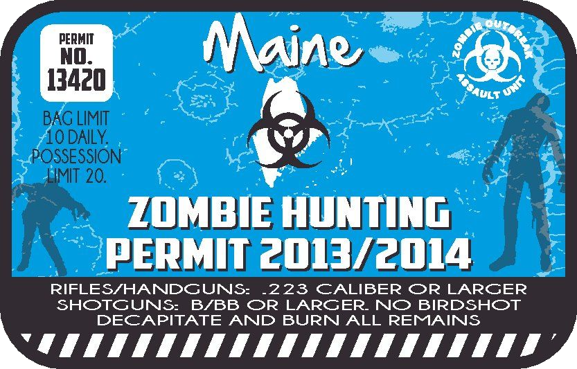 Blue Maine zombie hunting permit sticker with permit no., rules text, and graphic icon
